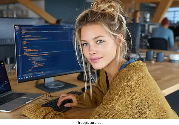 Woman Working at Computer in Modern Office
