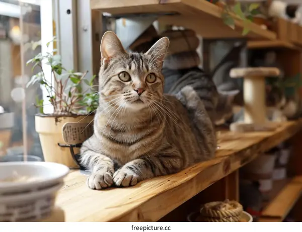 A cute cat is sitting on a wooden shelf in front of a window.