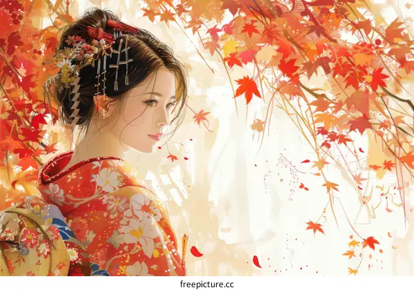 A beautiful Asian woman in a red kimono standing in a field of red maple leaves.