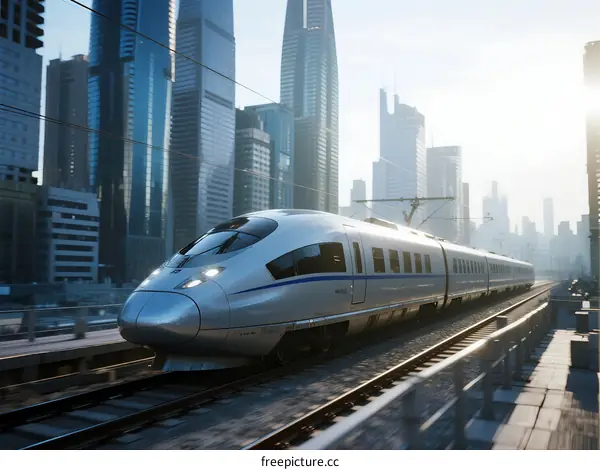 High-speed bullet train traveling through modern cityscape