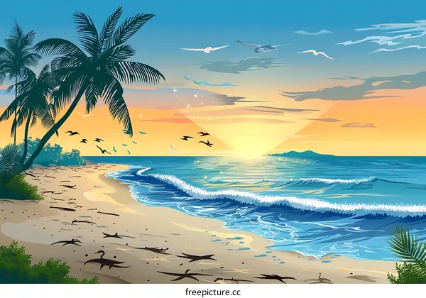 Tropical Beach Sunset Illustration