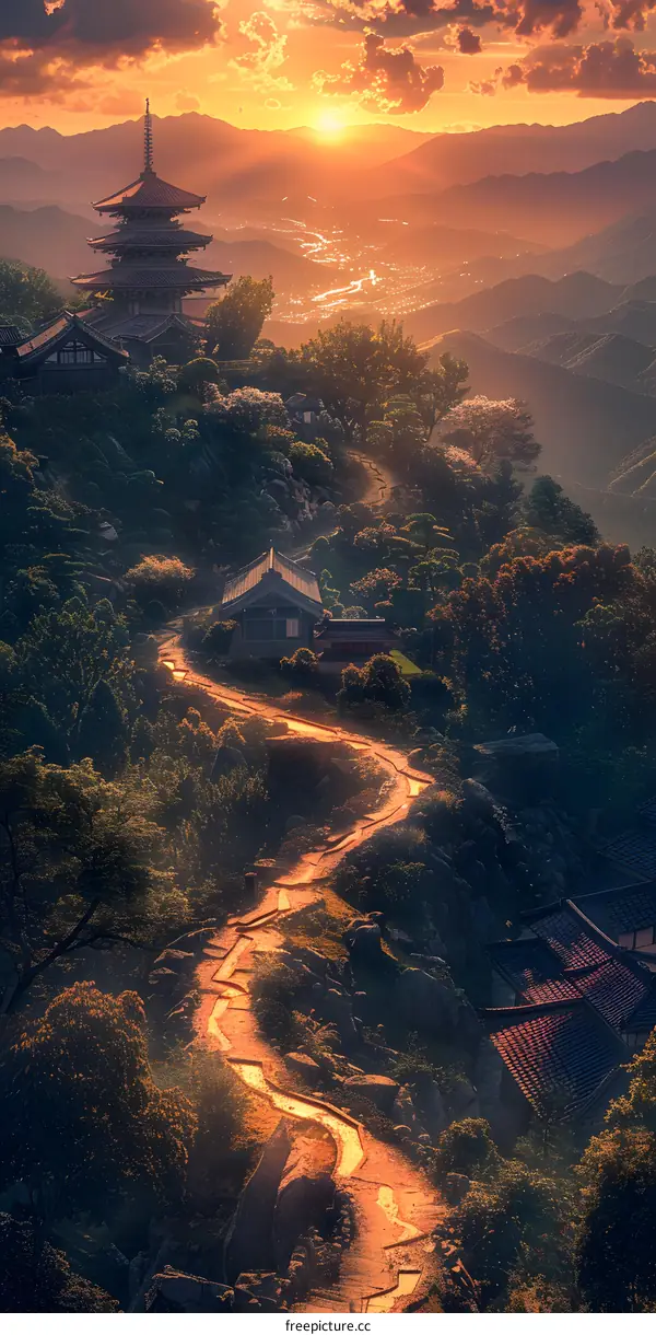 The sun sets over a beautiful landscape of mountains and trees with a temple on top