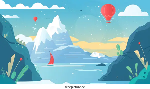 Mountain Landscape With Sailboat And Hot Air Balloon