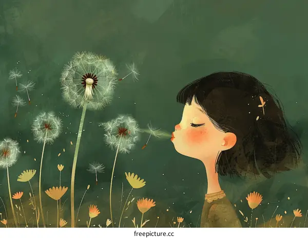 A Young Girl Blowing Dandelion Seeds in a Field of Wildflowers