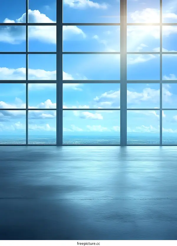 Modern Window View Of Cityscape With Bright Sky