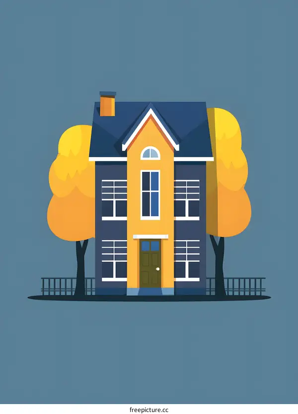 Blue and Yellow House with Trees