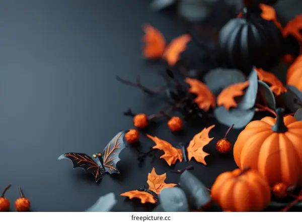 Black and orange Halloween background with pumpkins, bats, and leaves