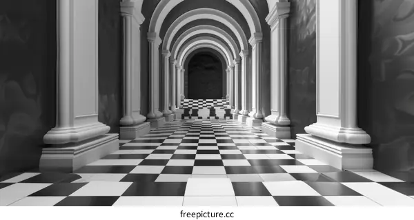 Black and white surreal hallway with columns and checkered floor