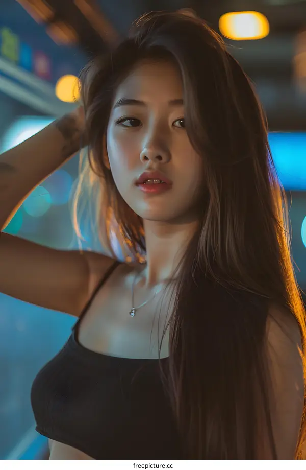 Portrait of a Young Asian Woman with Long Hair and a Black Tank Top