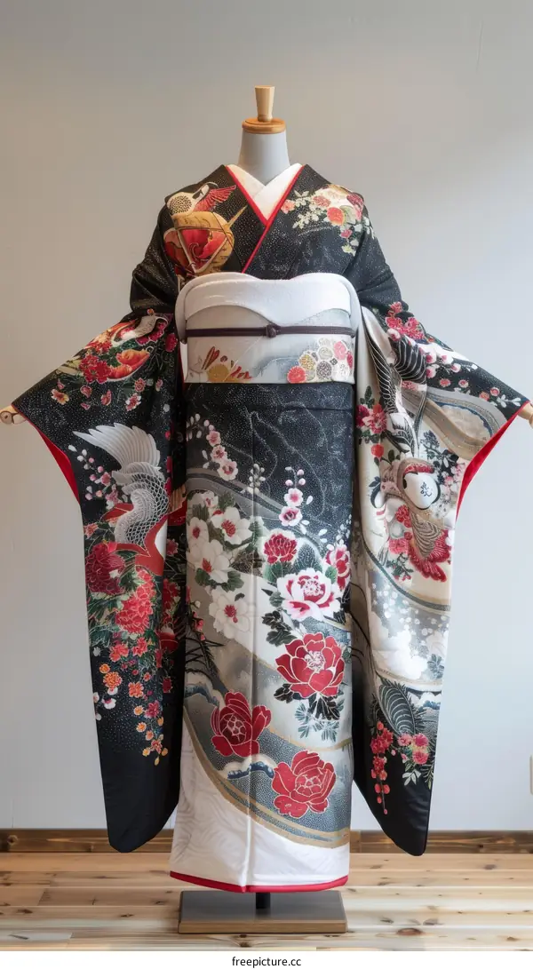 A woman wearing a black kimono with red and white floral patterns.