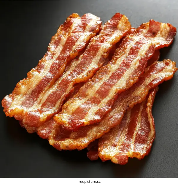 Crispy Fried Bacon Strips on a Dark Surface