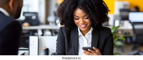 Smiling African American Woman Using Mobile Phone In Office