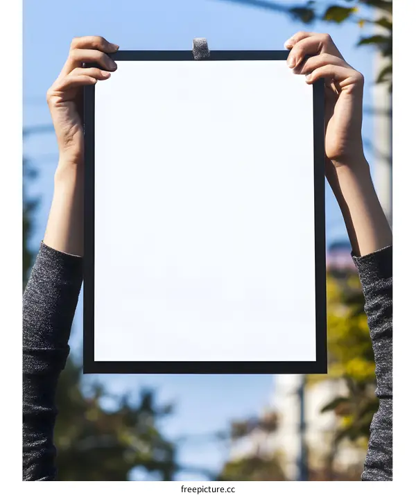Person Holding Blank White Sign With Black Frame
