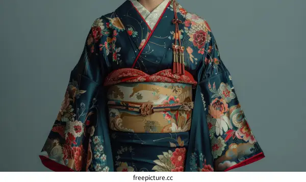 A woman wearing a kimono with a floral pattern and a red obi