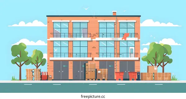 Modern Building with Two Garage Doors and Boxed Goods Outside