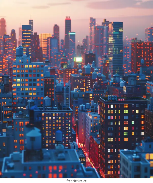 Cityscape of a large city in twilight with lights