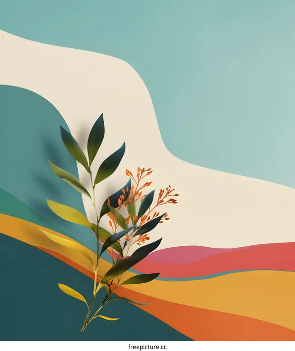 Abstract Background with Green Leaves and Colorful Lines