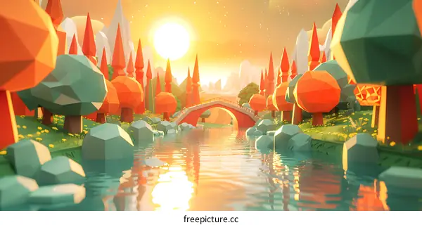 low poly sunset river landscape