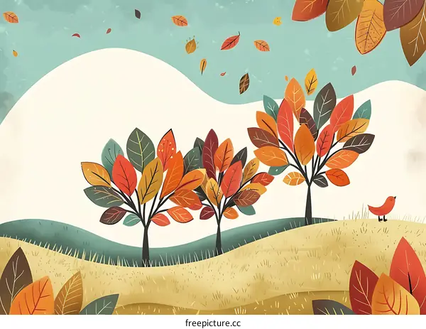 Autumn Leaves Falling On The Trees And Ground