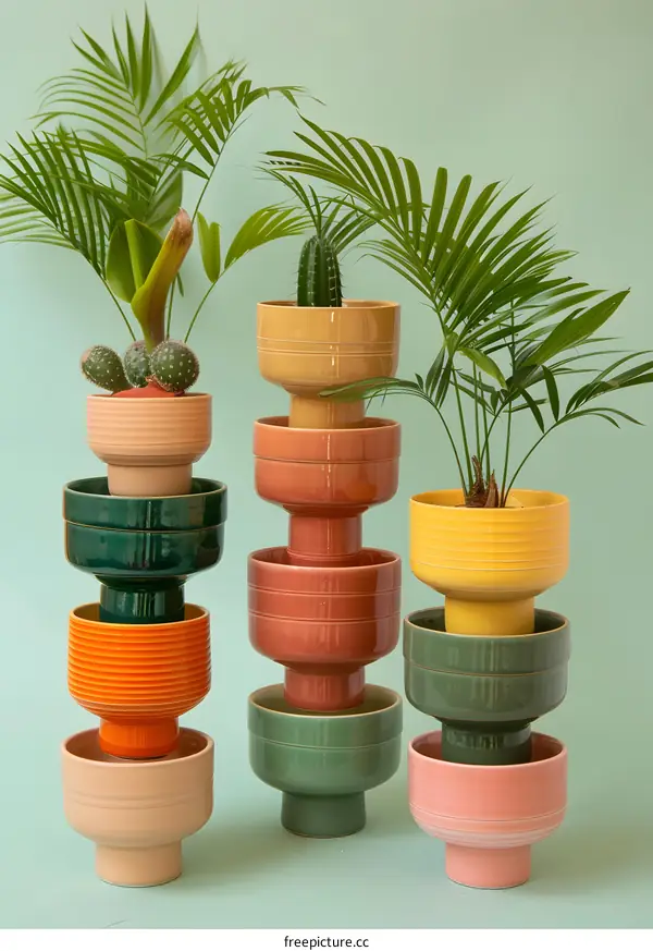 Colorful Stacked Ceramic Pots with Plants on Green Background