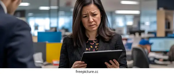 Businesswoman Looking at Tablet with Concerned Expression in Office Setting