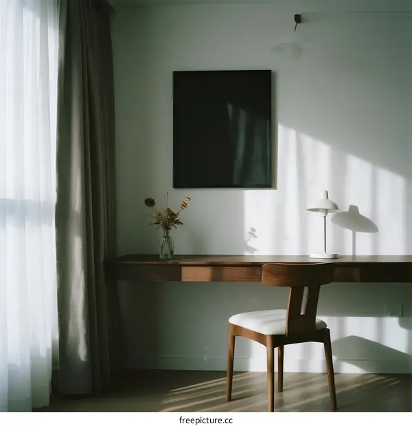 Sunlit minimalist home study room with wooden desk and chair
