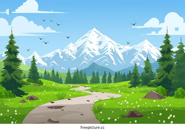 Mountain Landscape with Winding Path and Green Trees