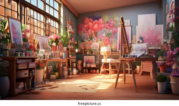A beautiful art studio with a large window, a painting on the wall, and a variety of art supplies