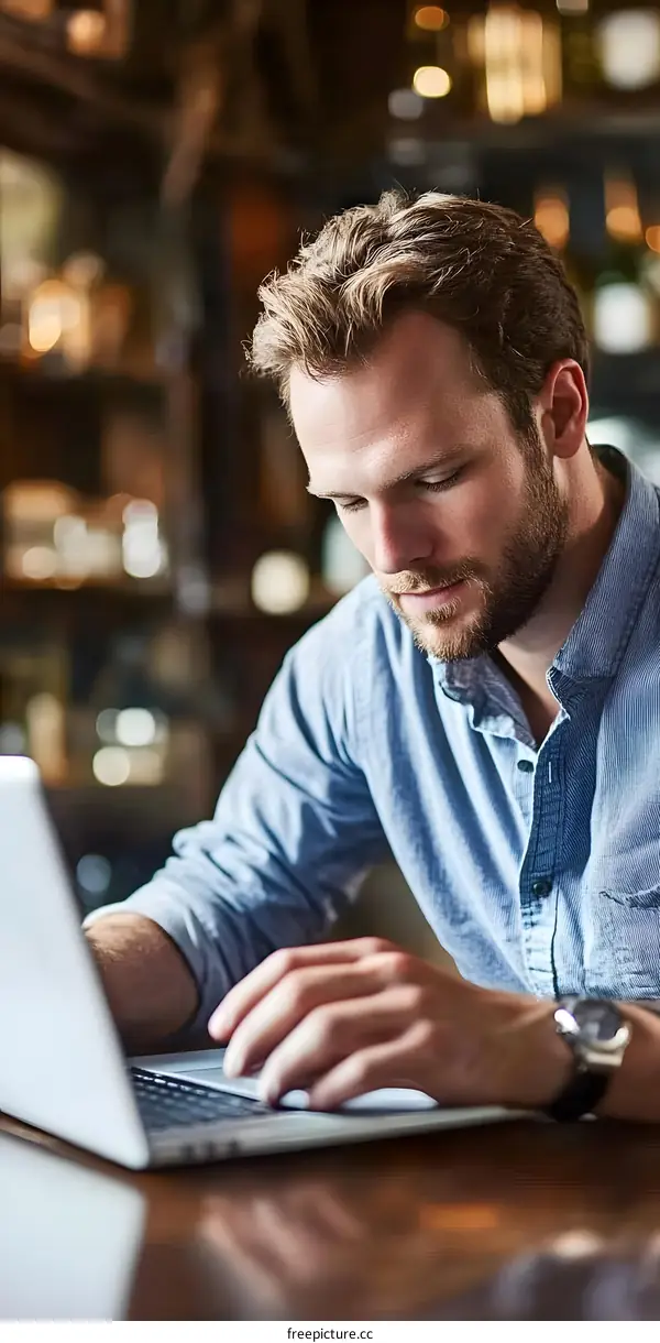 Man Working on Laptop in Cafe