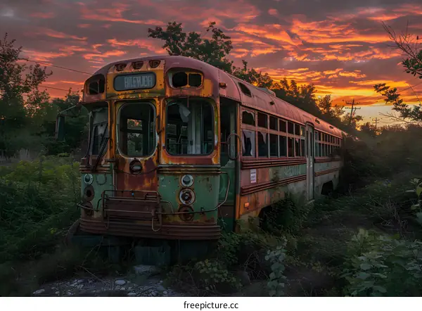 Rusty Old Bus Abandoned in Field at Sunset