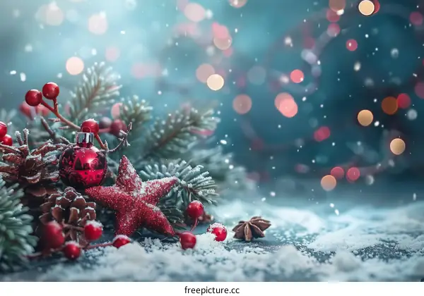 Christmas decoration with red ball, star and fir tree branches on snow background