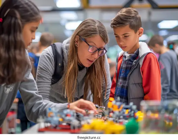 Three people are looking at a table full of Lego pieces.