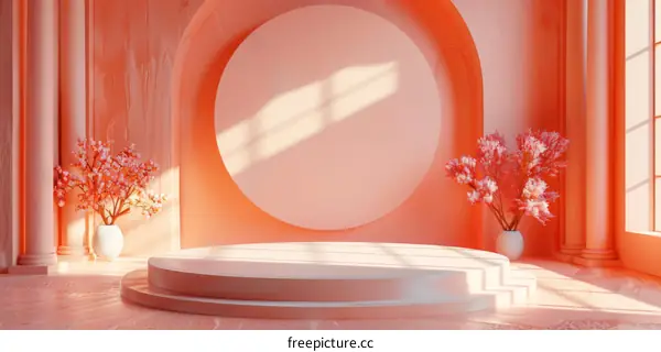 3D Render of Pink Podium with Flowers