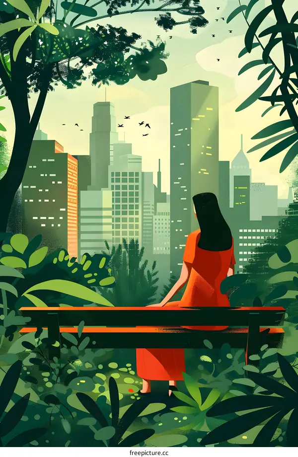 Woman Sitting on Bench with City Skyline View