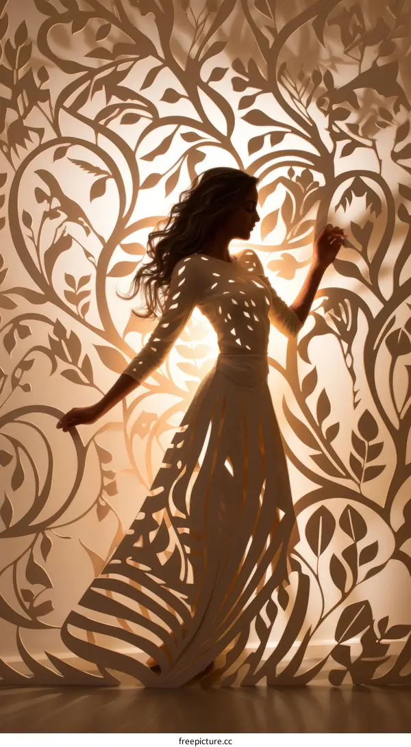 An illustration of a woman standing in front of a papercut forest
