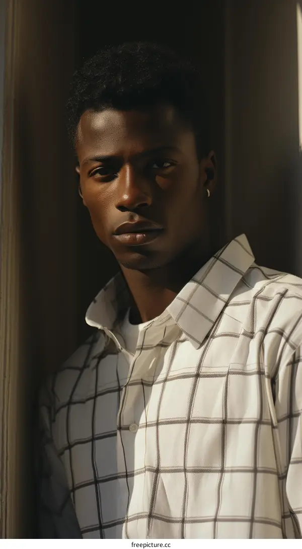 Black man in a white and gray plaid shirt
