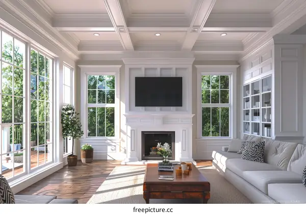 Modern Living Room with Fireplace and Panoramic Windows