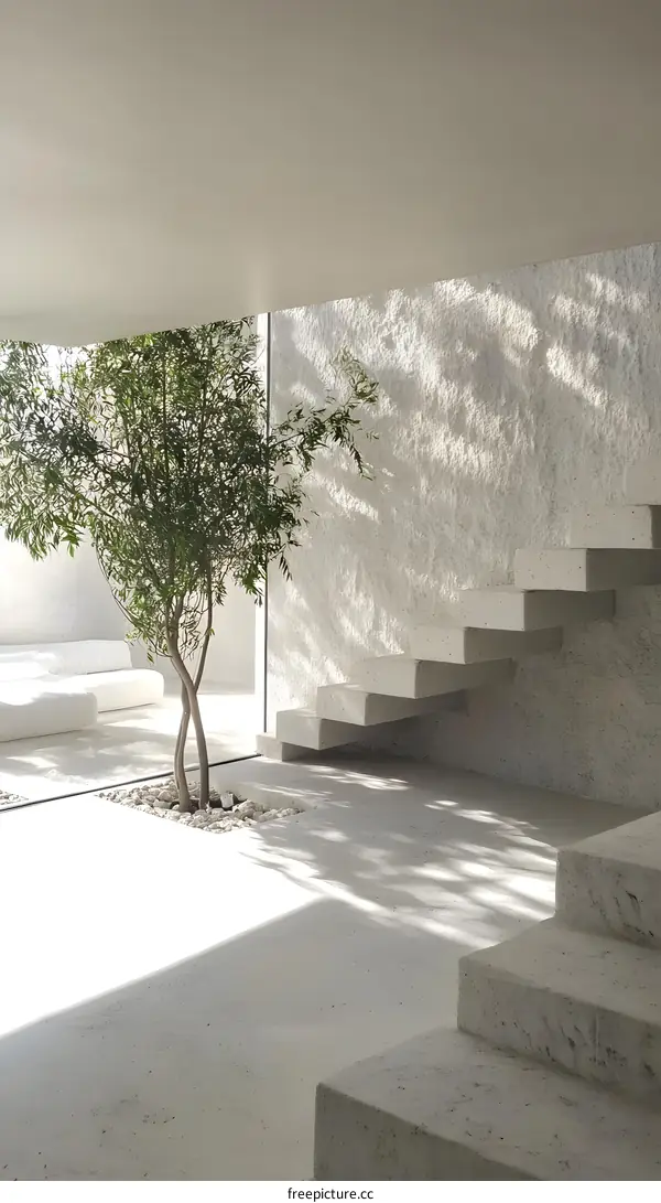 Minimalist Interior Design with White Concrete Stairs and a Green Plant