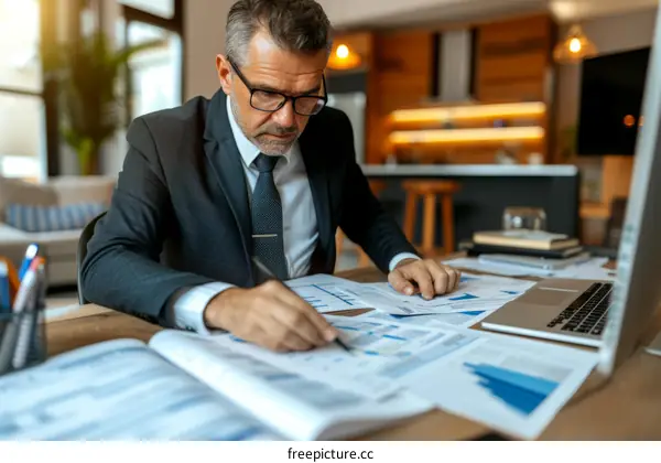 Businessman analyzing financial reports and using laptop