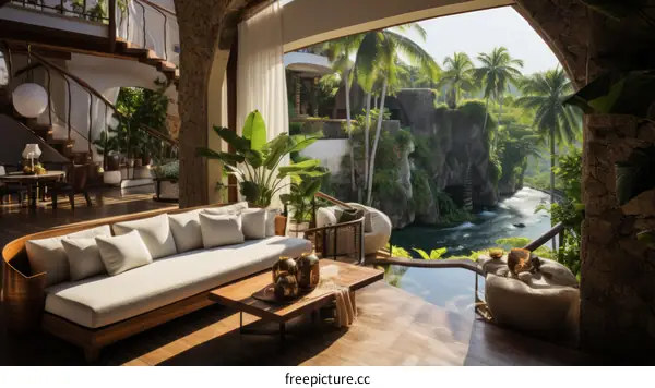 Modern Tropical Living Room with Floor-to-Ceiling Windows and Doors