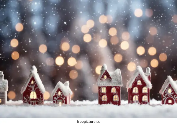 Red wooden miniature houses covered with snow with blurred lights in the background