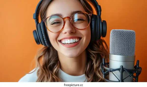Woman with Headphones and Microphone Recording