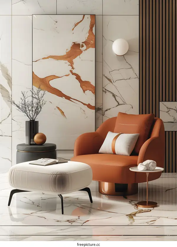 Modern Living Room Interior Design with White Marble Floor and Orange Armchair