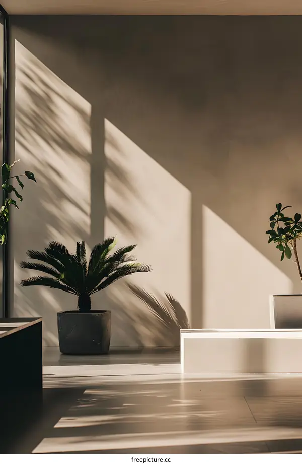 Sunlight streaming through a window casts shadows on the wall and floor of a minimalist room with potted plants