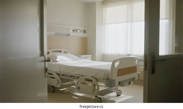 Empty Hospital Ward with Modern Medical Bed and Bright Windows