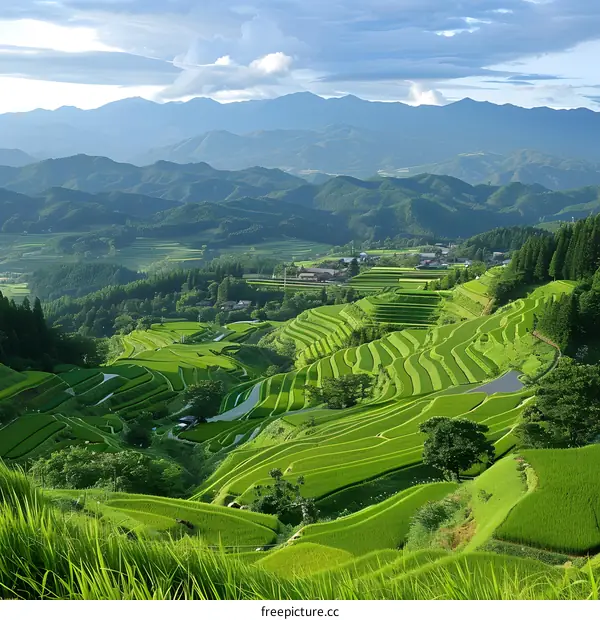 A verdant terraced rice field in Japan