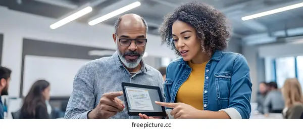 Two Business Colleagues Discussing Data on Tablet