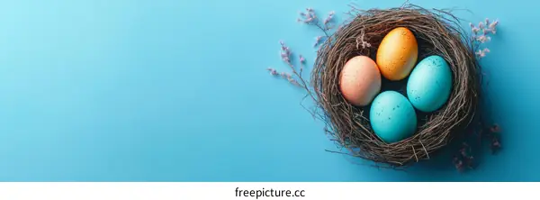 Easter Eggs in a Nest on a Light Blue Background