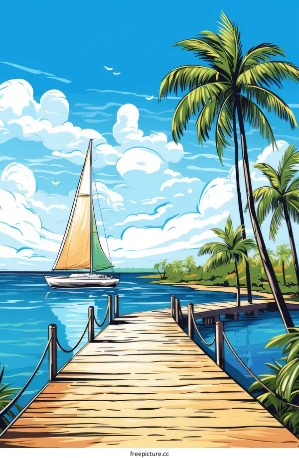 Wooden dock over blue ocean with palm trees and sailboat