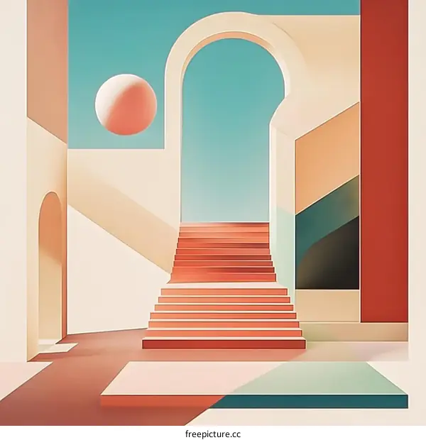 Abstract Geometric Minimalist Illustration with Stairs and a Sphere in Pastel Colors